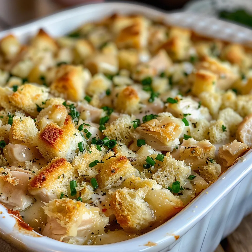 Detail shot of a baked chicken casserole, highlighting the crunchy stuffing.
