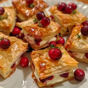 A plate of freshly baked cranberry brie bites with golden phyllo crust and juicy cranberry sauce.