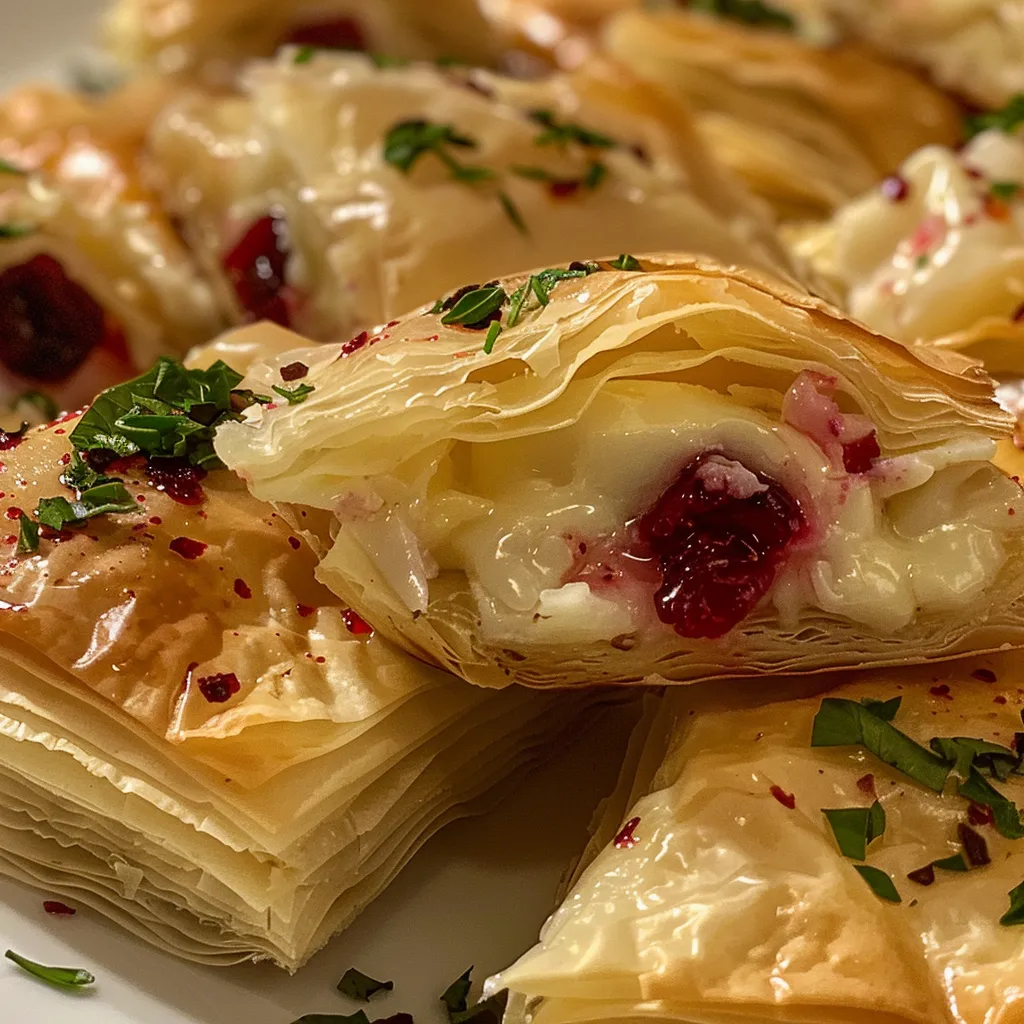 Side view of elegant cranberry brie bites featuring melted cheese and tart cranberries in flaky pastry.