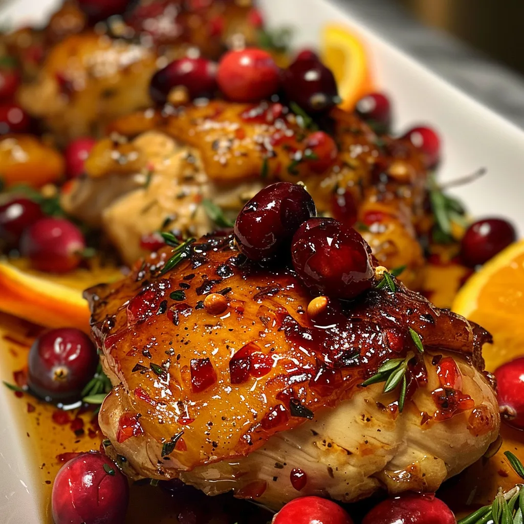Side view of a plate featuring Cranberry Orange Chicken, with cranberries and orange zest artistically arranged.