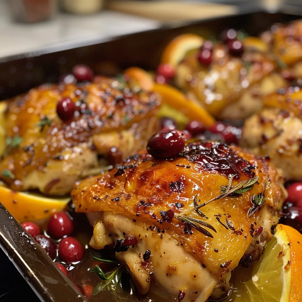 Indulgent dish of chicken with a rich red cranberry sauce and zesty orange accents.
