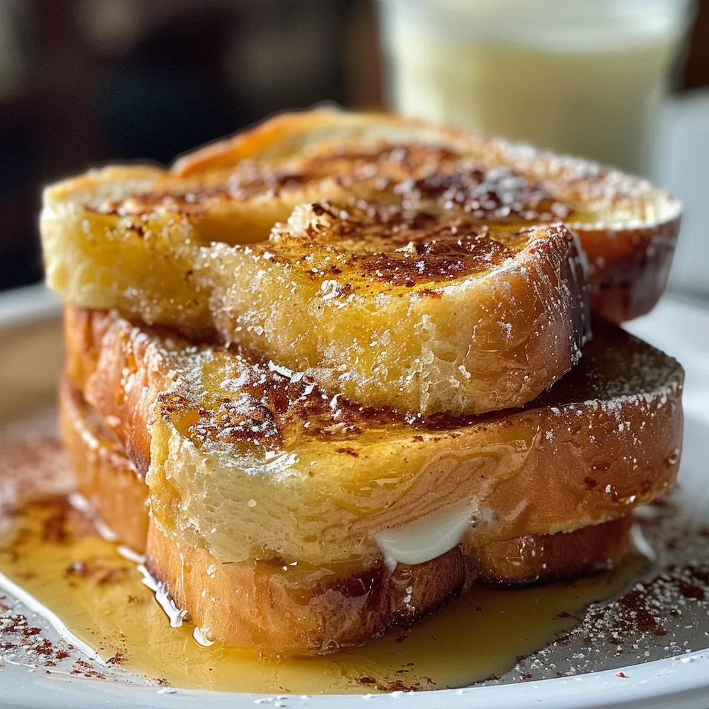 Side view of creamy Crème Brûlée French Toast garnished with fresh berries.