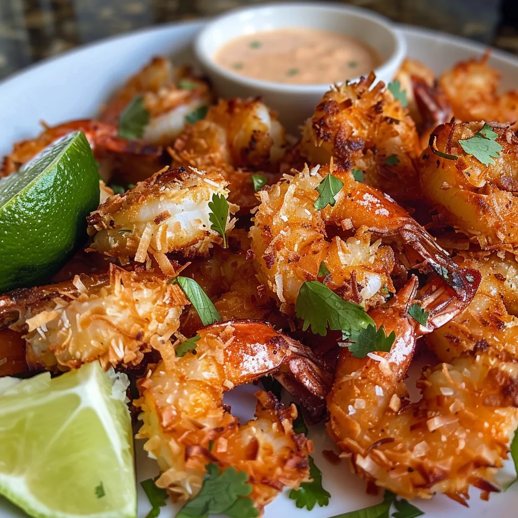 Crispy air-fried coconut shrimp served with dipping sauce and lime wedges.