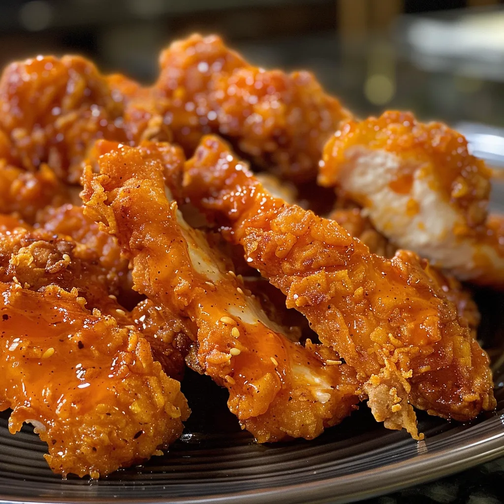 Side view of fried chicken with a glossy sauce drizzle.