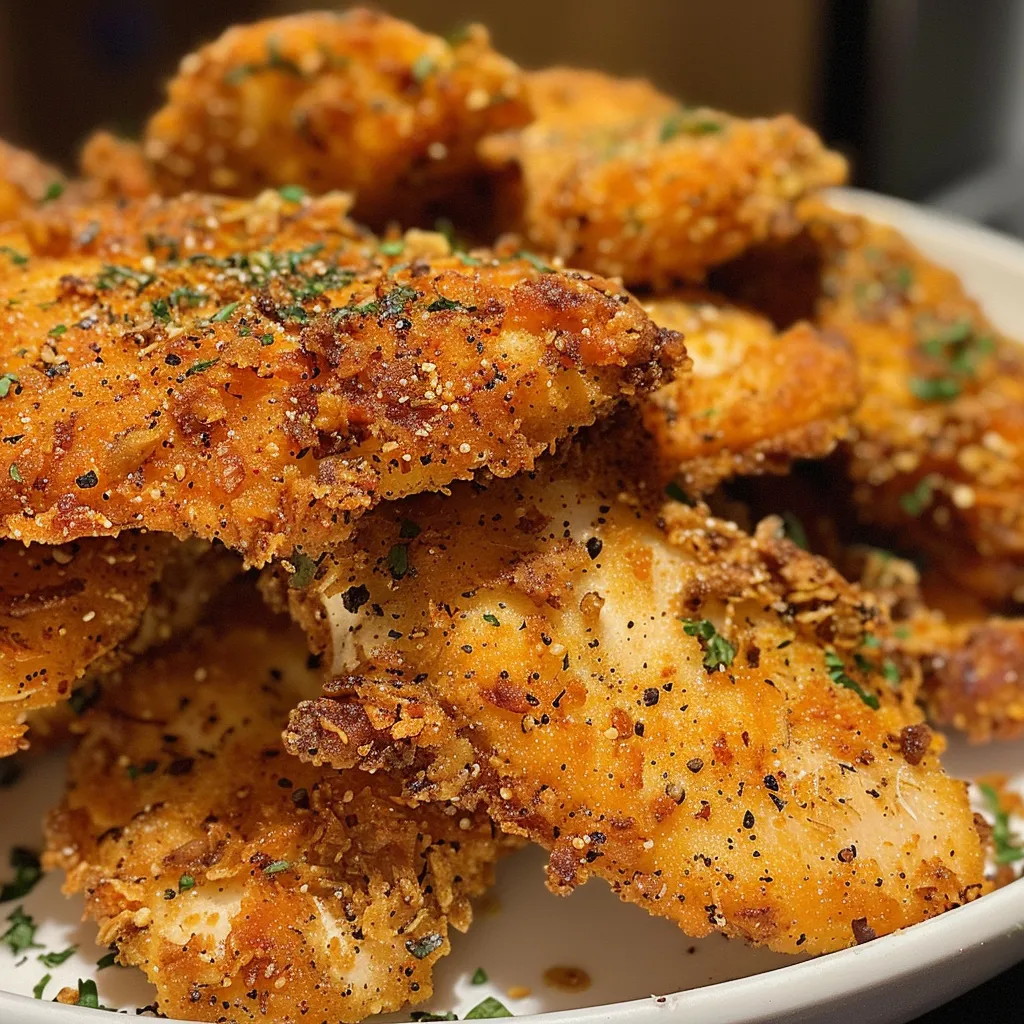 A hand reaching into a bowl of crispy chicken coating mix against a rustic background.