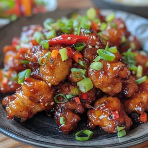 Detailed view of delicious crispy chilli chicken, with a glossy sauce and chilies visible.