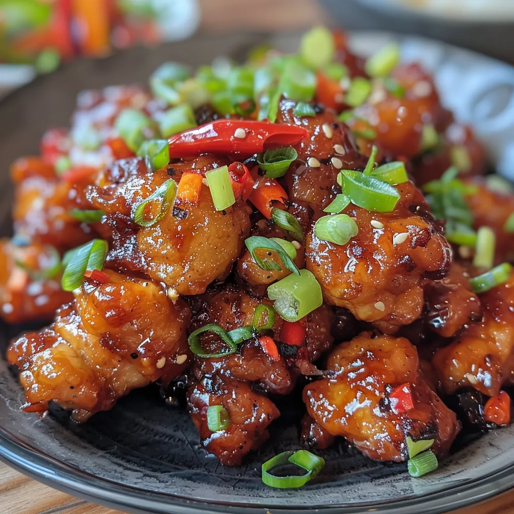 Detailed view of delicious crispy chilli chicken, with a glossy sauce and chilies visible.