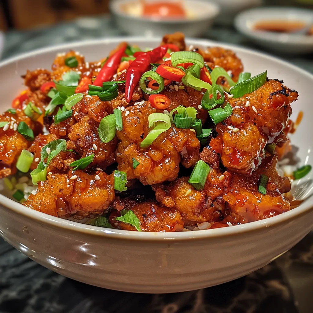 Side view of succulent crispy chilli chicken showcasing its crunchy texture and bright colors.