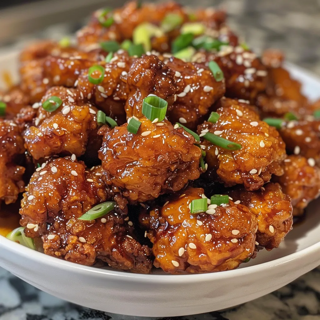 Side view of tender, golden chicken bites drizzled with honey soy glaze and garnished.