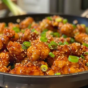 Side view of a plate filled with golden-brown honey garlic chicken, highlighting the glaze.