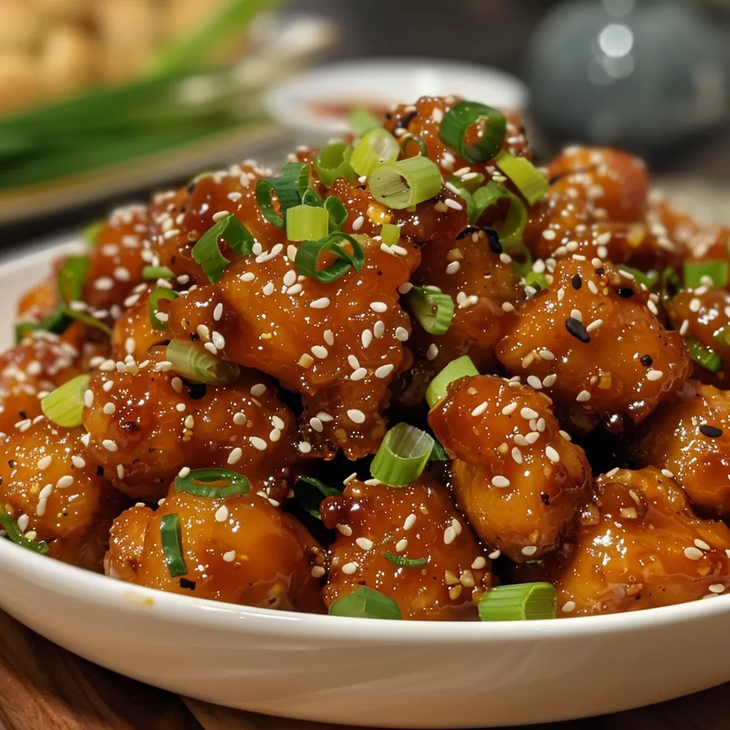 A close-up of fried chicken pieces drizzled with honey garlic sauce, showcasing their crispiness.