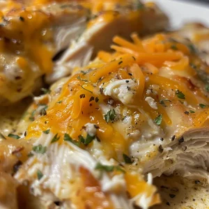Close-up view of cooked Crockpot Angel Chicken garnished with cheese.