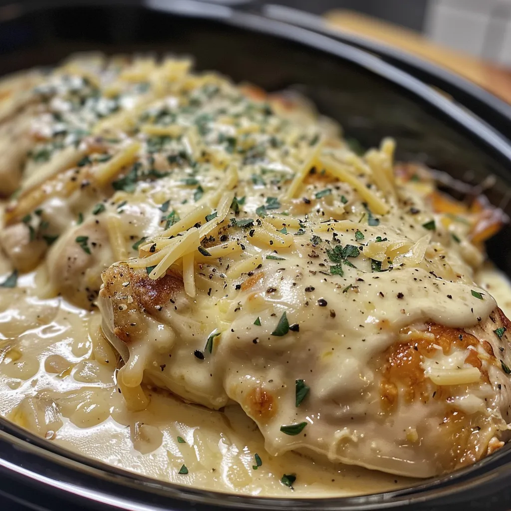 Tender chicken breasts covered in a rich, creamy sauce.
