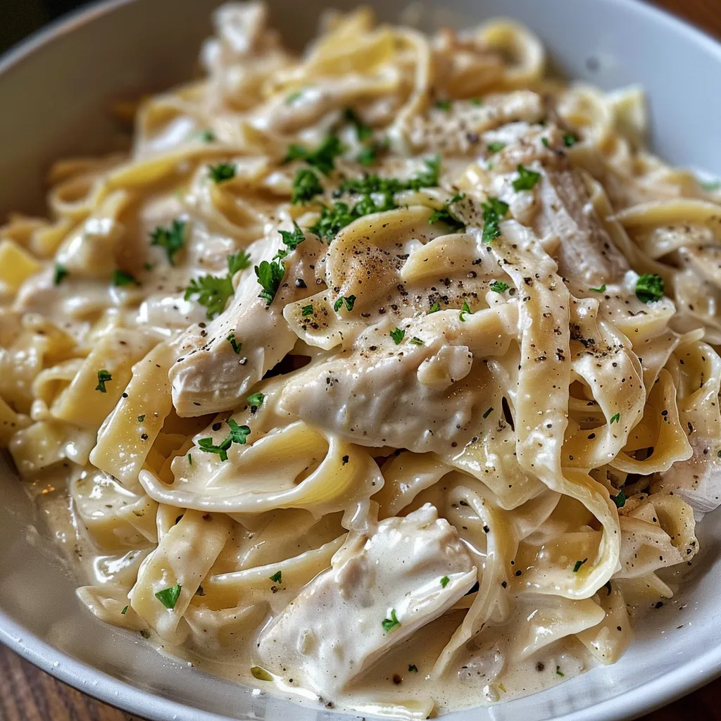 Juicy Chicken Alfredo with peas in a Crockpot, showcasing rich, creamy sauce and fresh herbs.