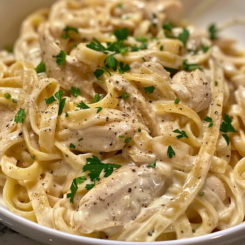 A serving of Chicken Alfredo from a Crockpot, highlighting the pasta and Parmesan cheese texture.