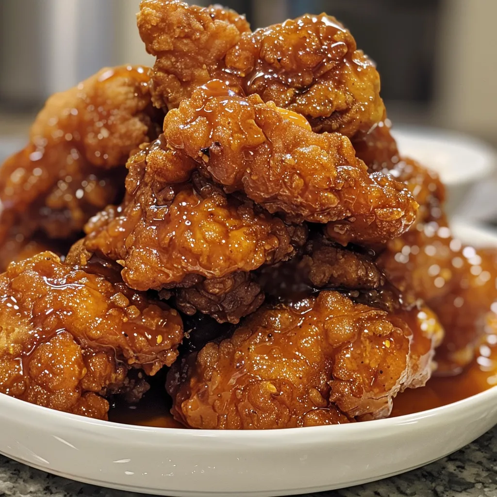 Close-up view of succulent Double Crunch Honey Chicken, showcasing its crispy texture and rich color.