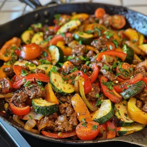 Delicious Easy Beef and Vegetable Skillet displayed in a cast-iron pan, highlighting fresh ingredients.