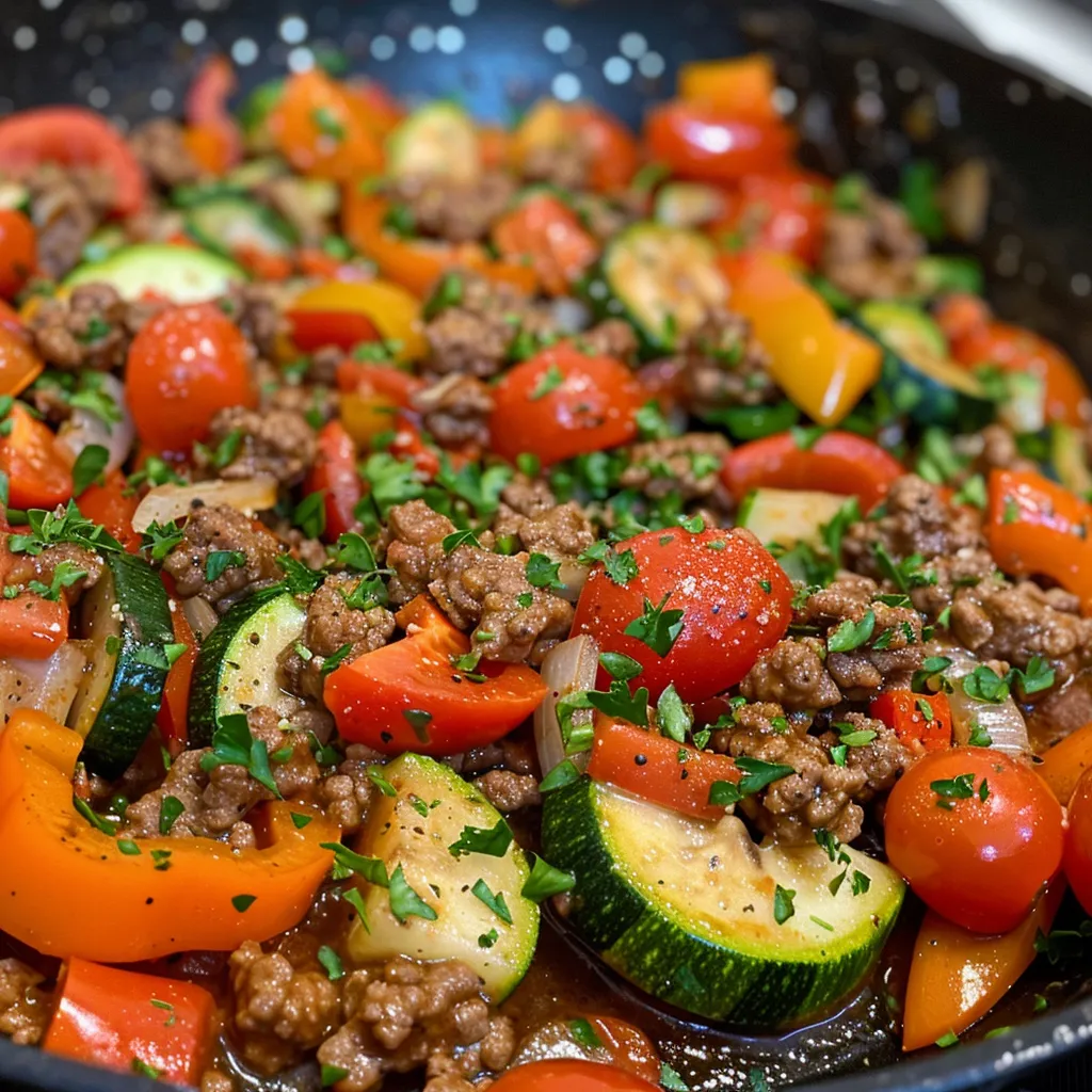 A mouthwatering Easy Beef and Vegetable Skillet filled with ground beef, assorted vegetables, and spices.