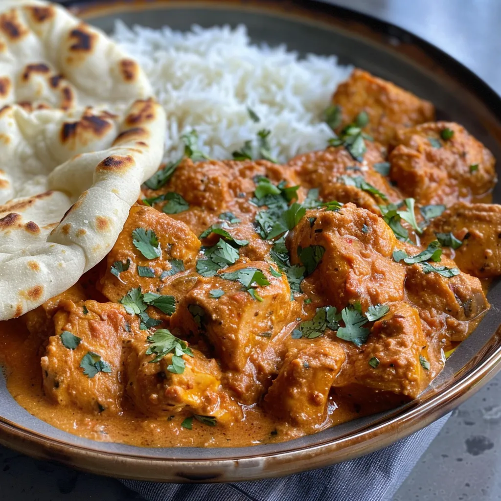 Side view of a dish featuring butter chicken with a rich sauce and spices.