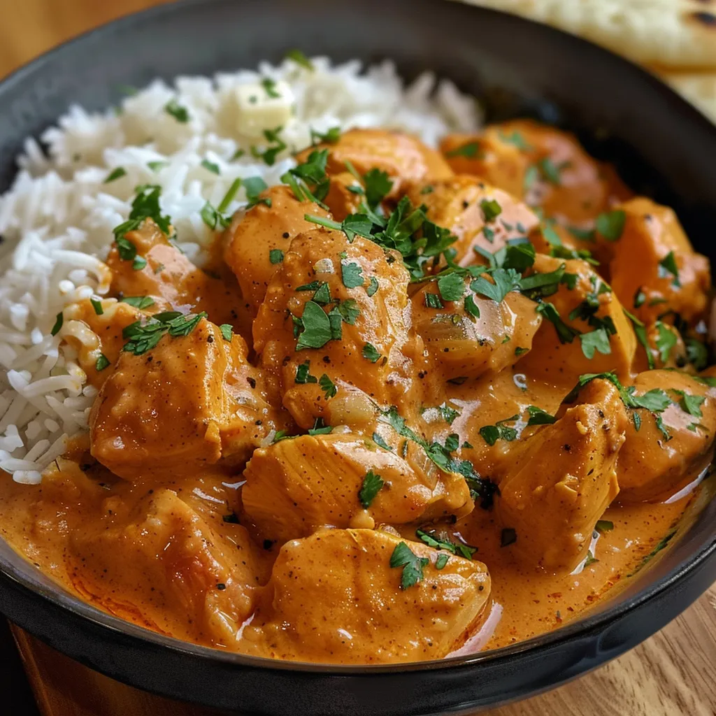 Appetizing butter chicken with naan and rice, highlighting its vibrant colors.