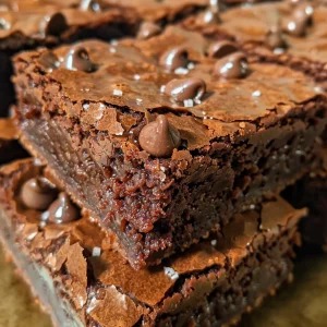 Decadent brownies with a shiny crust and melted chocolate chips on top.