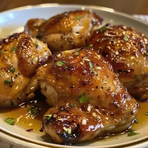 Side view of tender chicken thighs drizzled with honey garlic sauce.