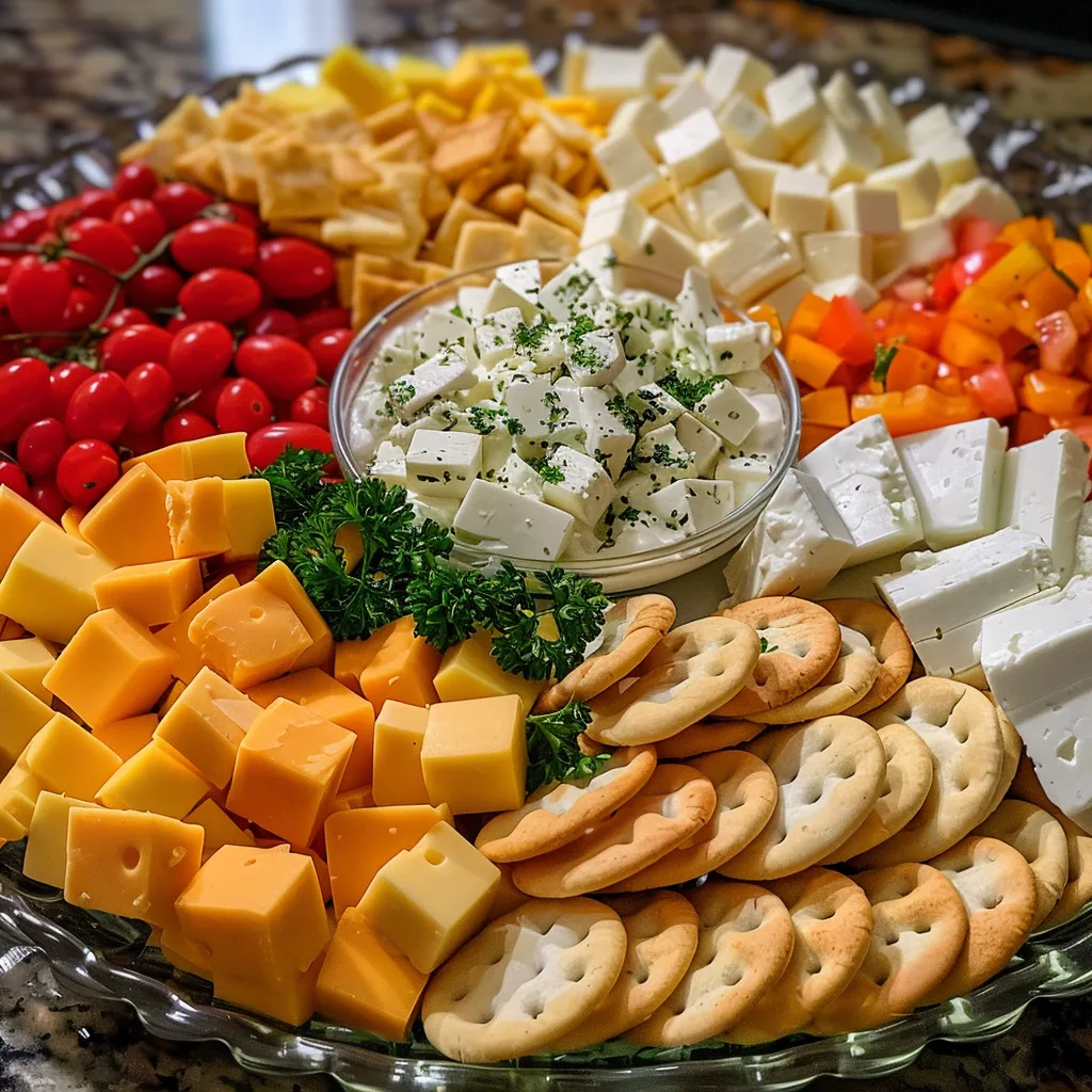 A delicious spread for New Year's Eve showcasing cubed and sliced cheeses, dips, and assorted crackers.