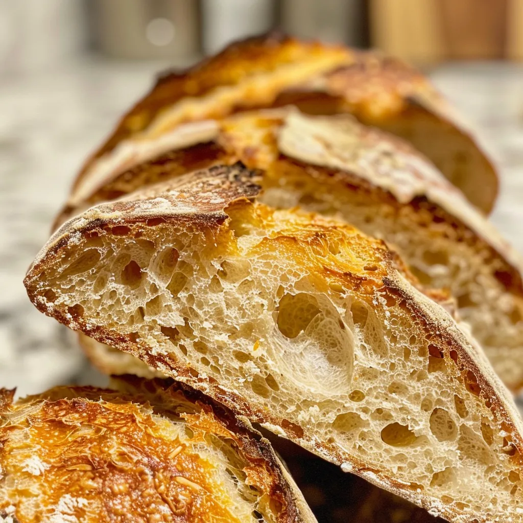 An enticing view of sourdough bread, featuring a textured crust and a soft, uneven crumb structure.
