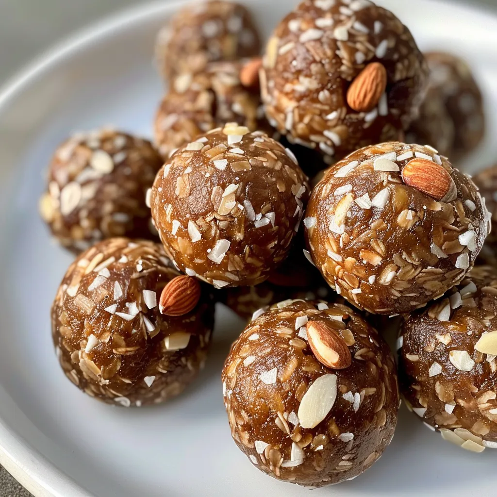 Juicy energy balls with a rough exterior, featuring bits of nuts and dates visible in the composition.