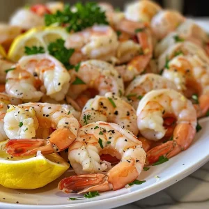 Vibrant shrimp cocktail arrangement with shrimps, cocktail sauce, lemon halves, and decorative garnishes.