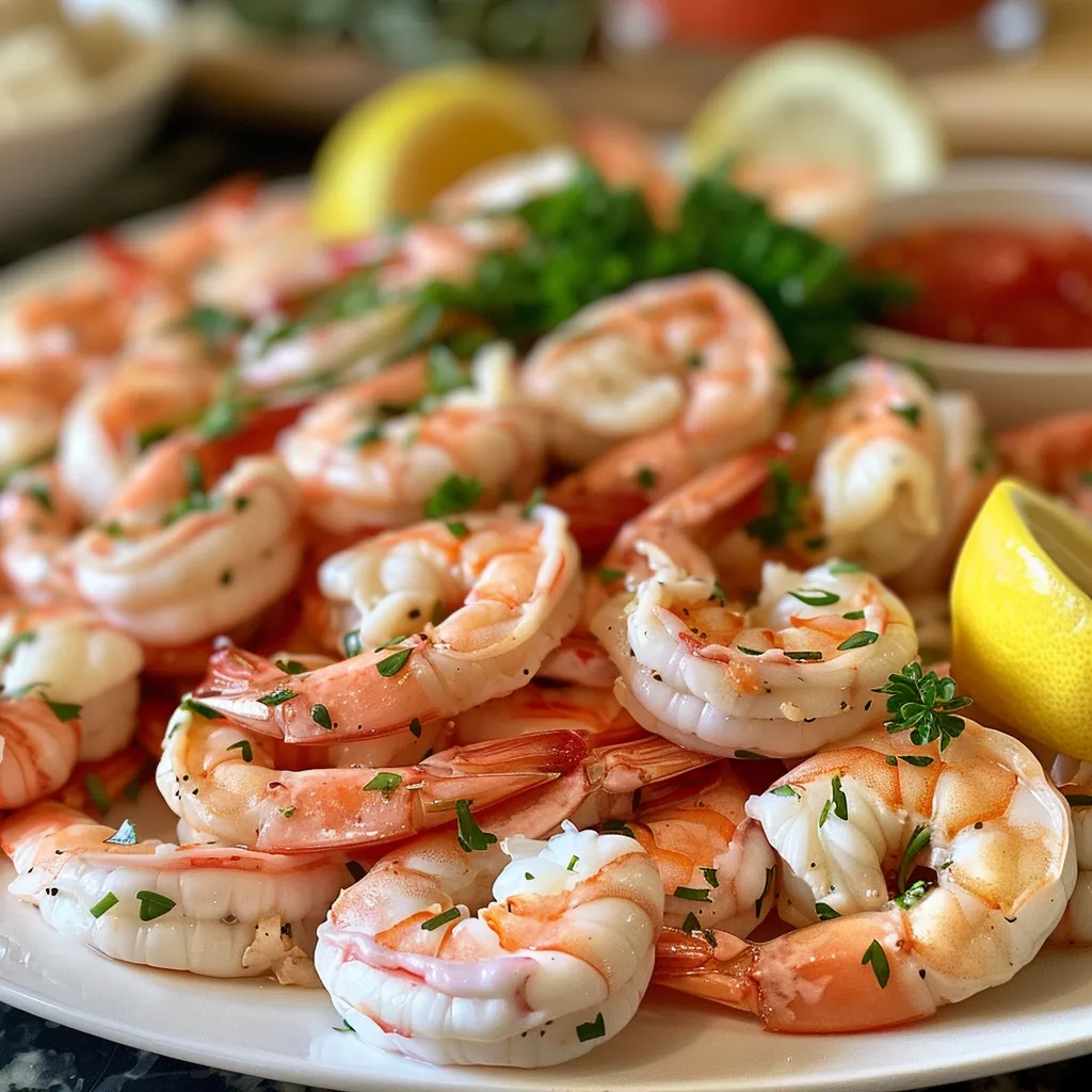 Detailed presentation of a shrimp cocktail platter displaying shrimp tails, lemon slices, and garnishes.