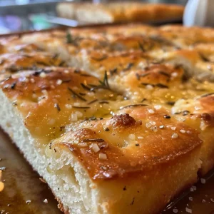 Side view of freshly baked focaccia bread showcasing its airy crumb and crisp crust.