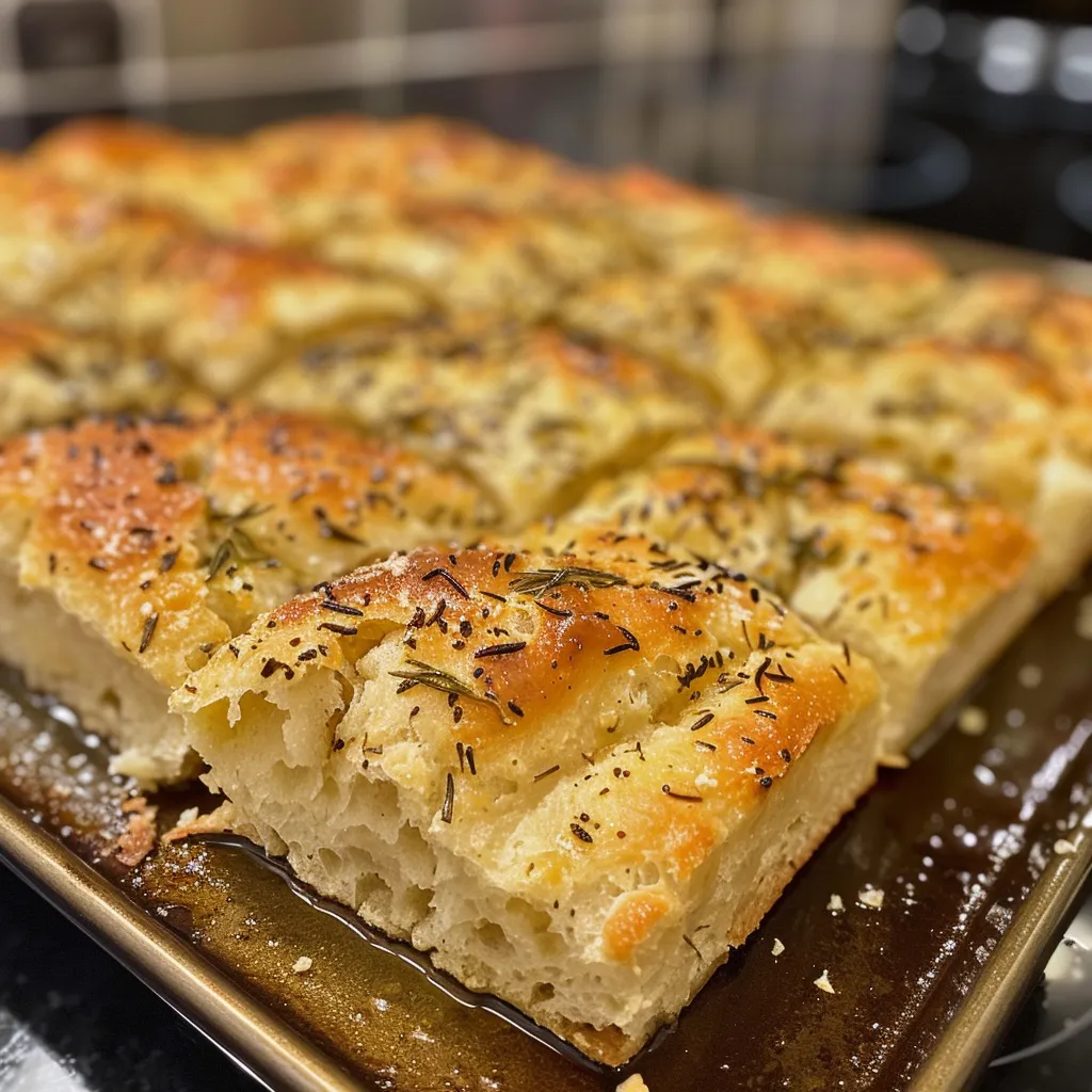 Textured focaccia bread, highlighting its golden crust and optional rosemary topping.