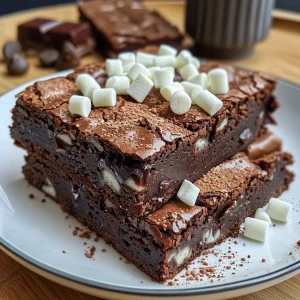 Detailed image of decadent, fudgy brownies with a shiny crust and chocolate chips visible on top.