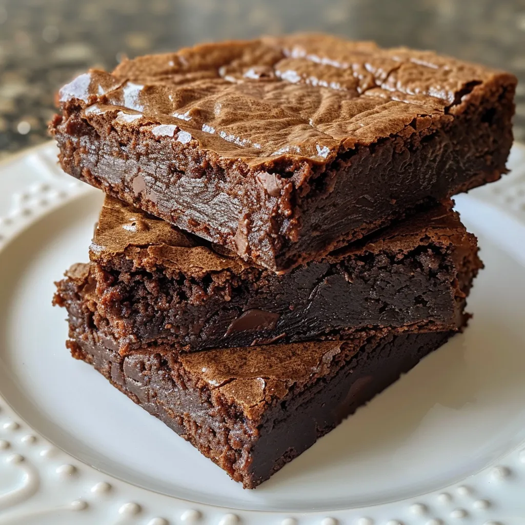 Decadent brownies on a white plate, showcasing their fudgy texture.