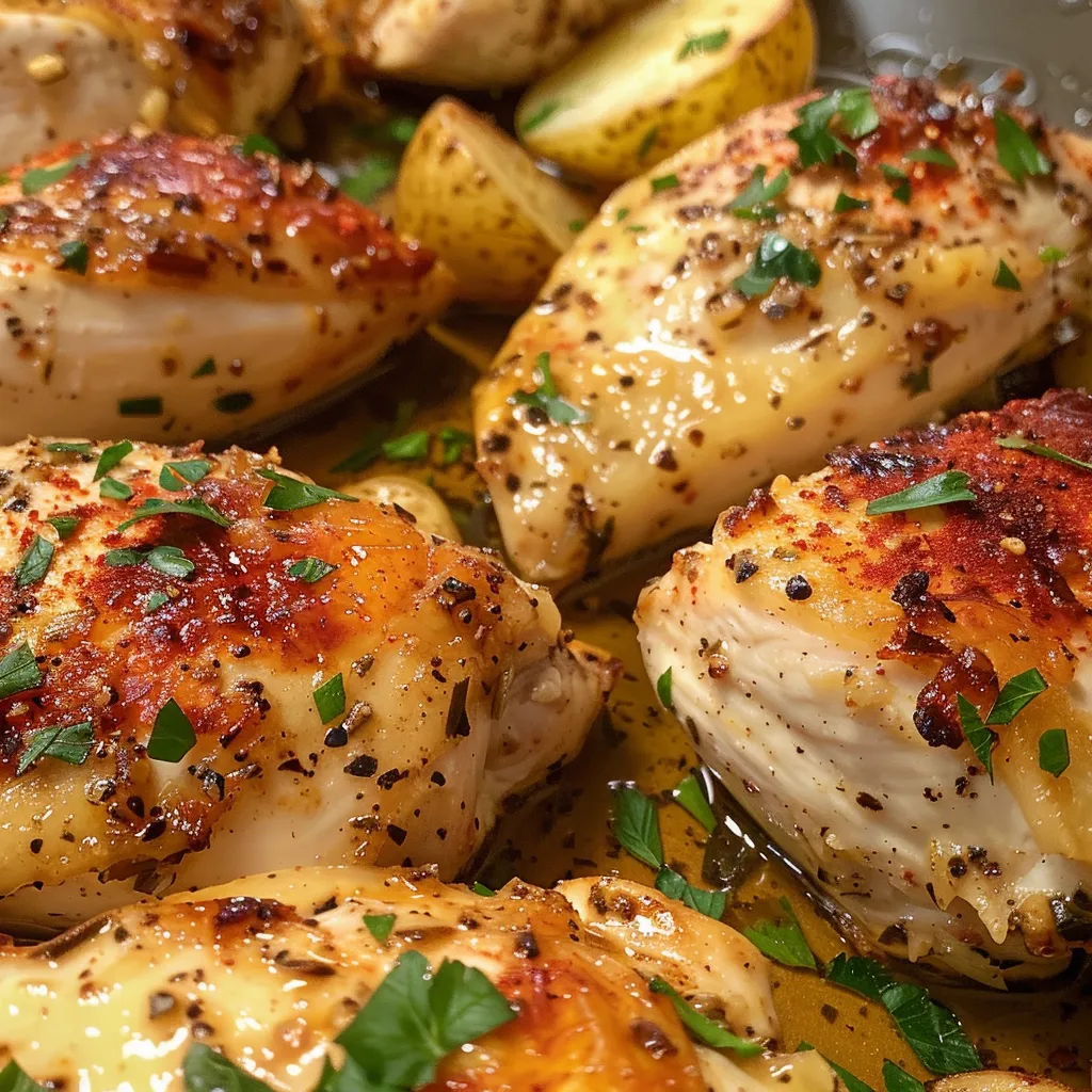Photo showcasing garlic Parmesan chicken surrounded by roasted potatoes on a rustic table.