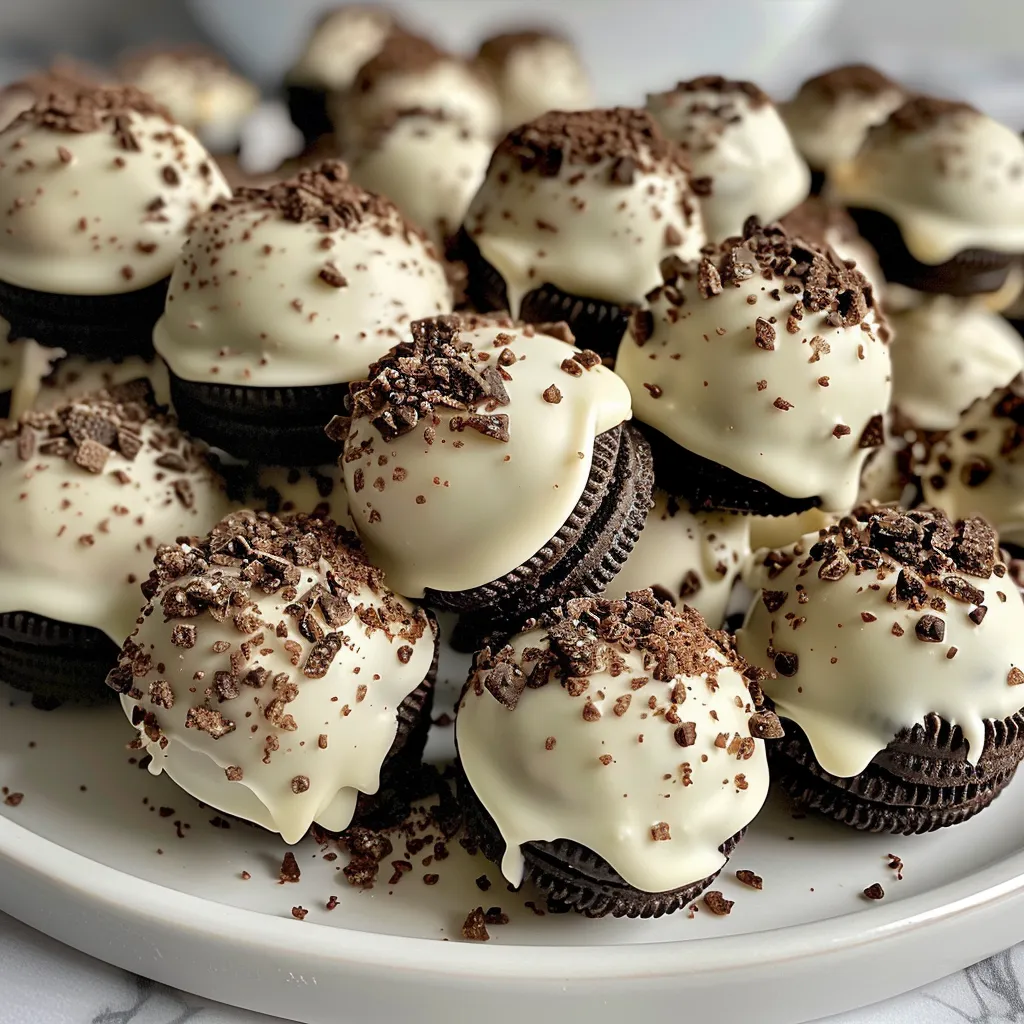 White chocolate-dipped truffles made with Gingerbread Oreo cookies.