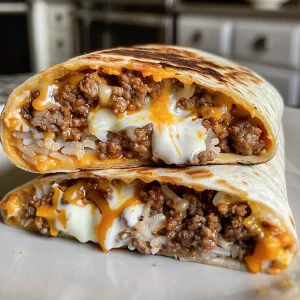 Juicy grilled cheese burrito stacked with various ingredients visible.