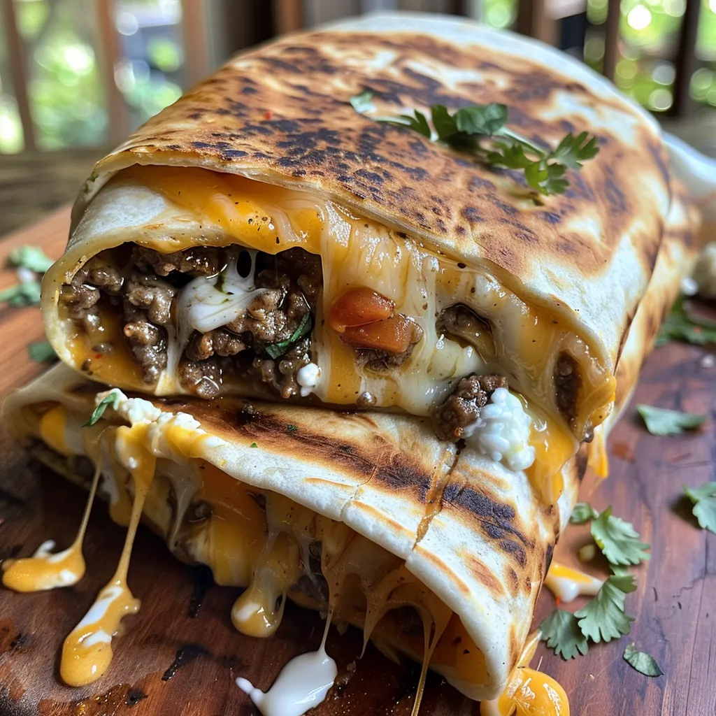 Delicious grilled cheese burrito filled with ground beef and cheese.
