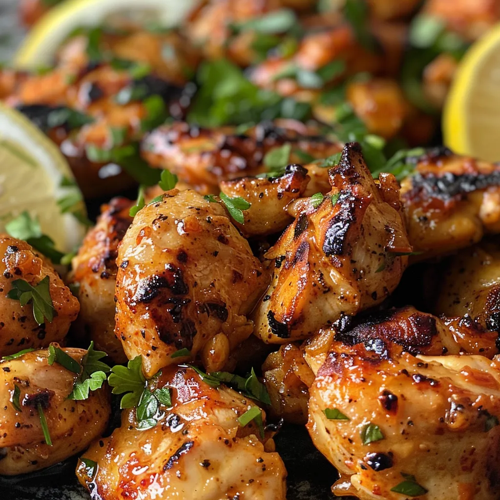Tasty grilled chicken bites on a plate, showcasing a creamy garlic dressing.