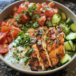 Side view of a colorful grilled chicken shawarma bowl featuring diced tomatoes and cucumbers.