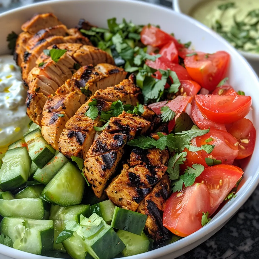 A detailed image of a chicken shawarma bowl showcasing garnishes of parsley and mint.