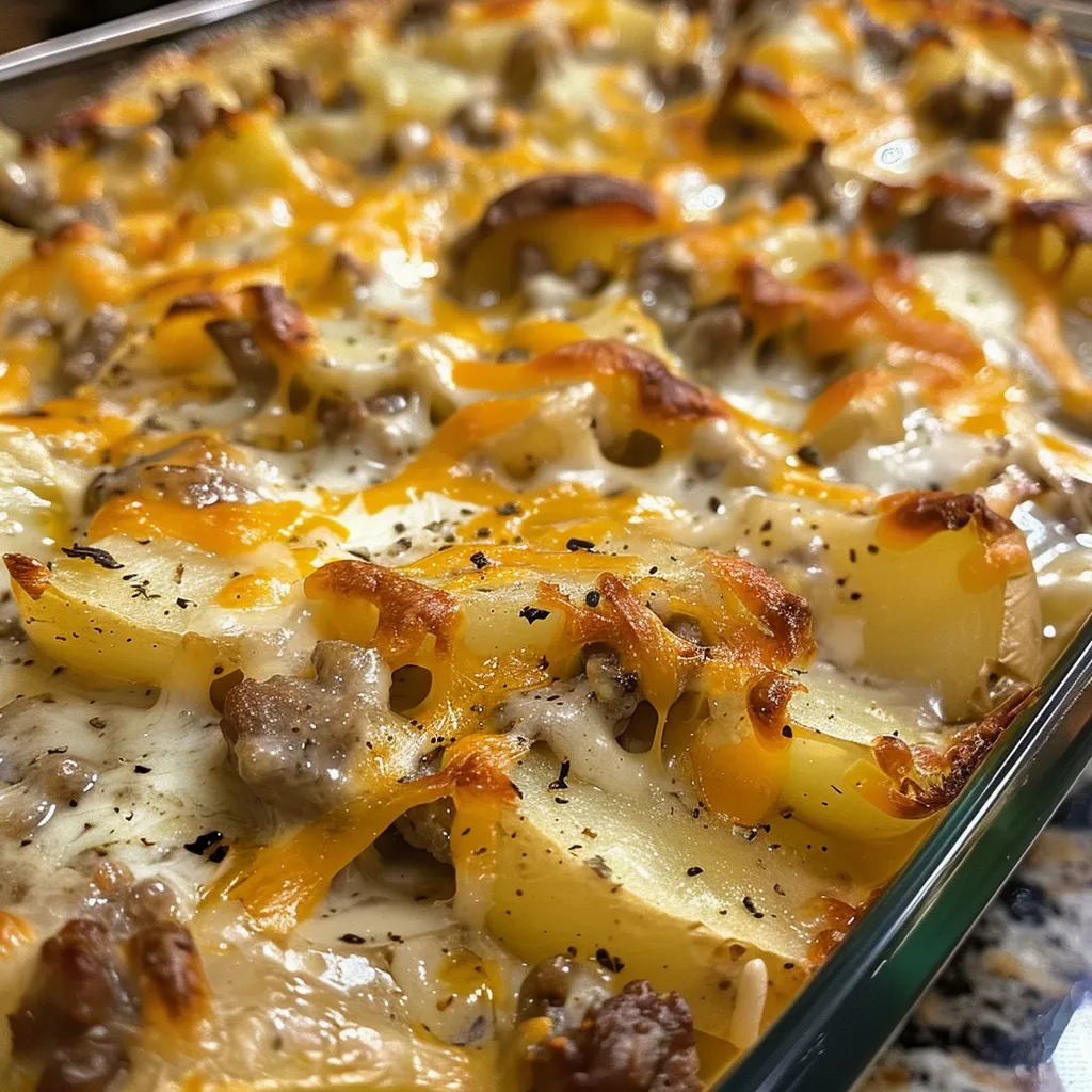 Juicy ground beef and potato casserole, with a golden cheese topping and chopped onions.