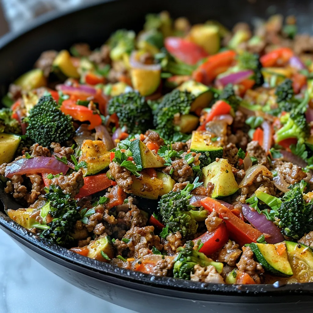 Delicious ground beef veggie skillet showcasing a mix of cubed zucchini, chopped bell peppers, and garlic.