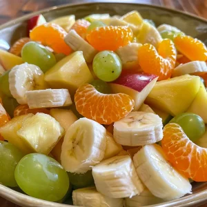 Juicy fruit salad dish with a variety of fresh fruits arranged attractively.