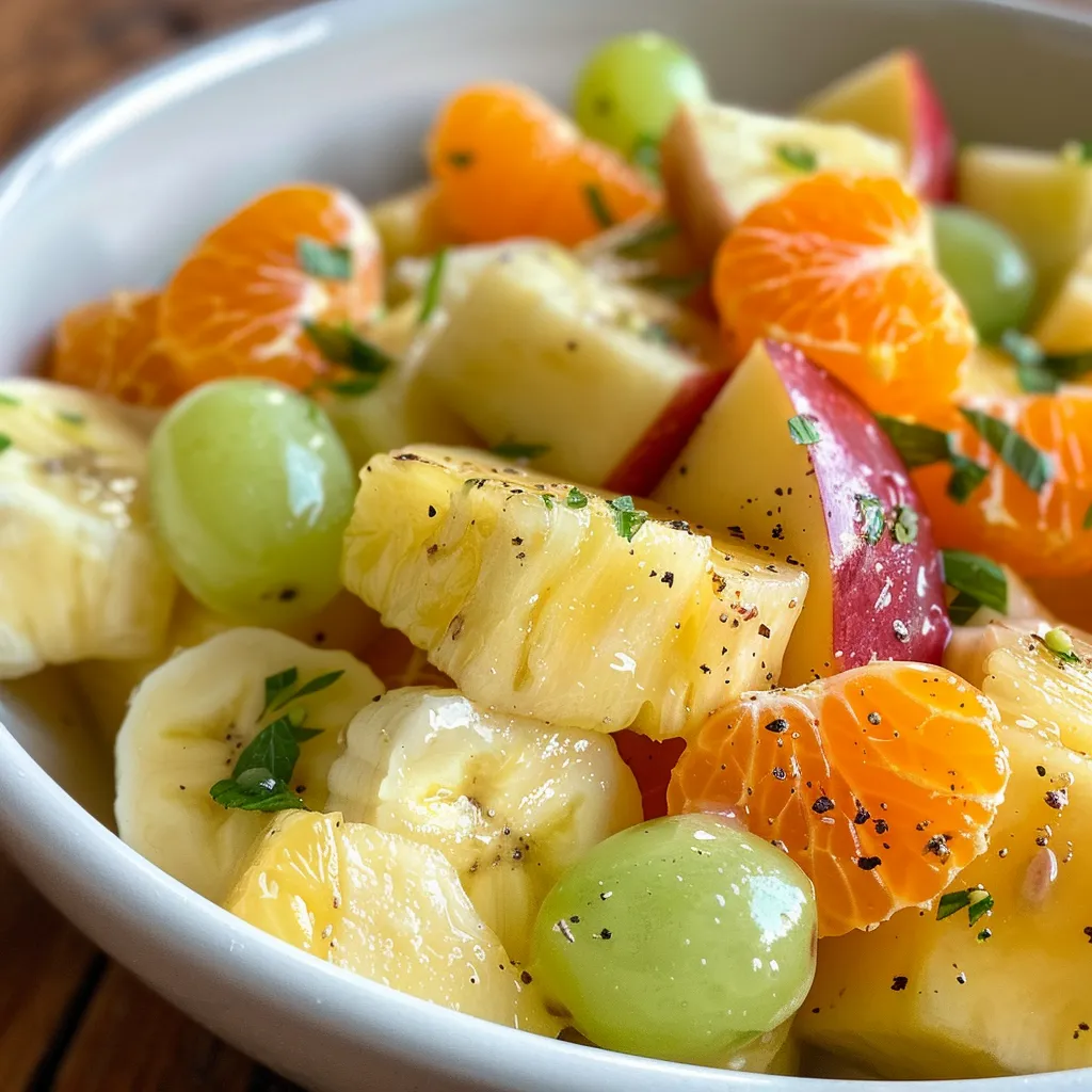 Refreshing fruit salad showcasing mandarin oranges, bananas, and green grapes.