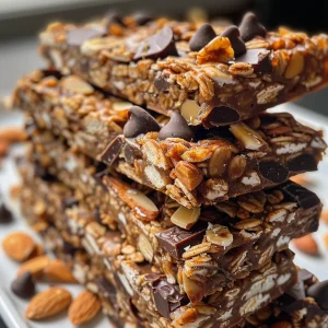 Healthy granola bars with visible chocolate chips and almond slices.