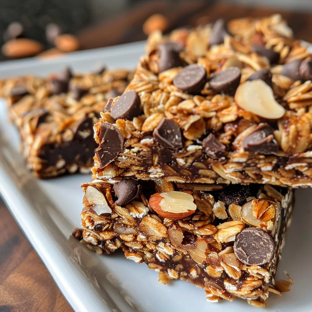 Side view of chocolate almond granola bars with a glossy finish.