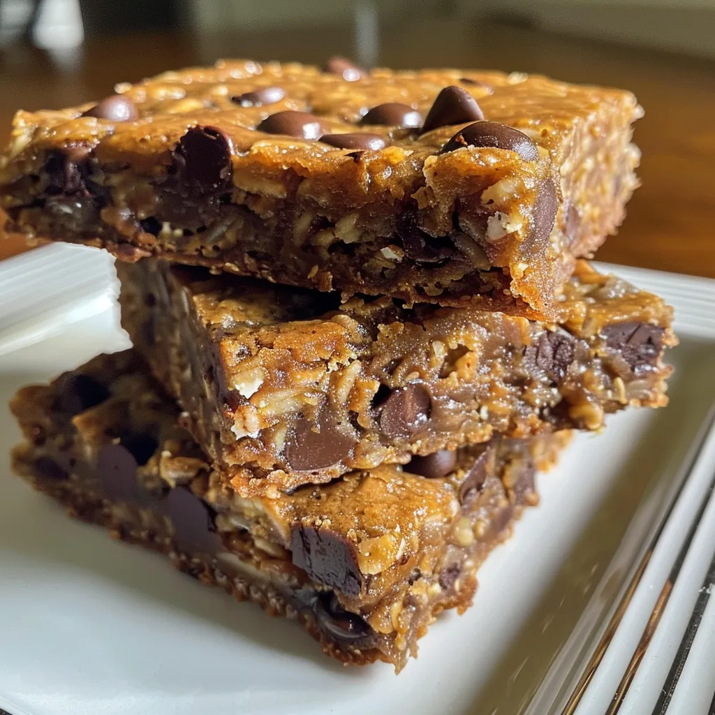 Detailed shot of homemade chocolate chip Clif bars highlighting chocolate chips and crispy rice.