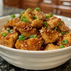 Detailed shot of golden-brown honey chicken on a plate, showcasing fresh garlic and green onion garnish.